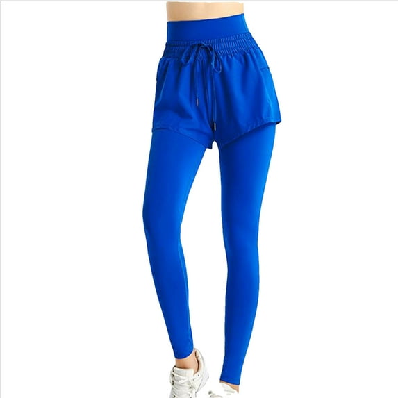 Uaswgudfs Women's High-Waisted Yoga Pants with Layered Design & Side Pockets – Adjustable Activewear Leggings for Gym & Workouts Blue 2XL
