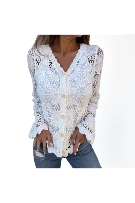 Women's Hollow Out V-Neck Lace Trim Long Sleeve Cardigan, Fall Winter Casual Acrylic Knit Top, Trendy Button-Front Sweater for Women – Walmart Fashion Bestseller White 2XL