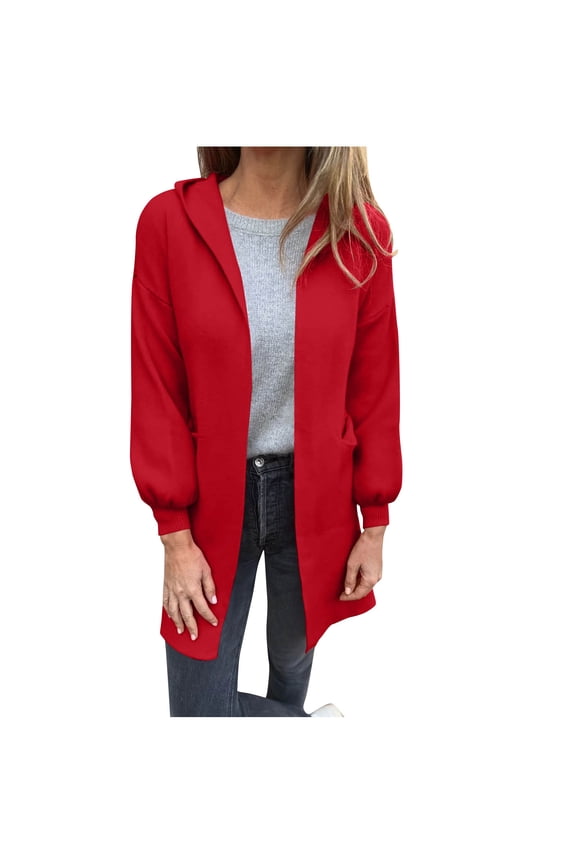 Women's Hooded Open Front Knit Winter Coat - Puff Sleeves Ribbed Cuffs Thermal Insulated for Daily Errands
