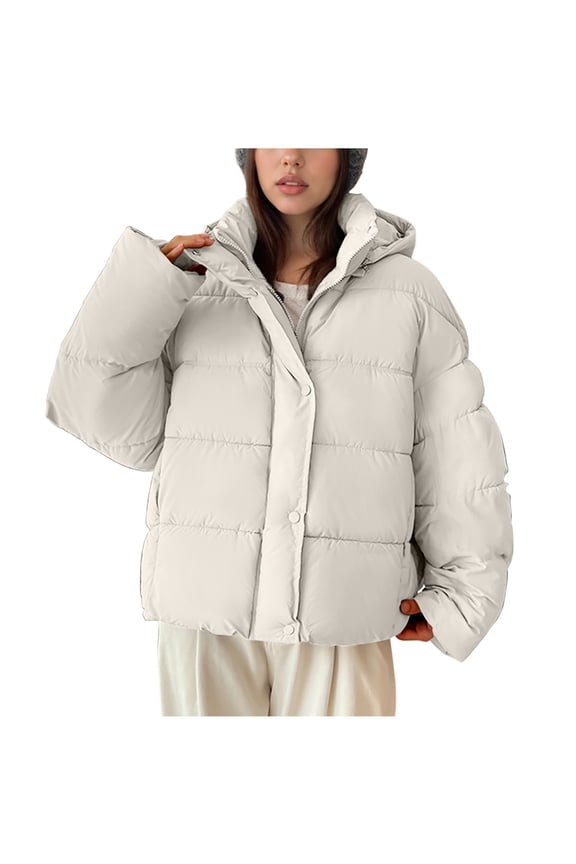 ​Women's Hooded Quilted Puffer Coat - Insulated Full Sleeve Zipper Snap Closure for Cold Weather​