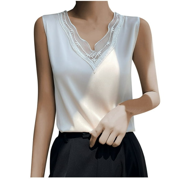 Uaswgudfs Women's Ice Silk Fabric Lace V-Neck Tank Top | Loose Flowy Summer Casual Blouse & Trendy Fashion Daily outings