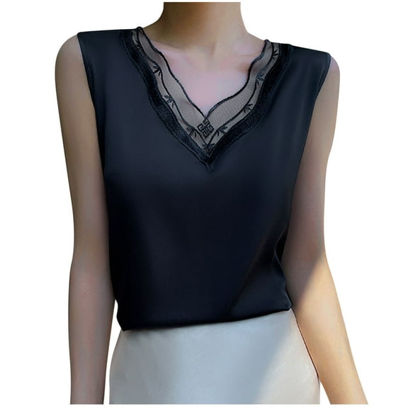 Uaswgudfs Women's Ice Silk Fabric Lace V-Neck Tank Top | Loose Flowy Summer Casual Blouse & Trendy Fashion Daily outings