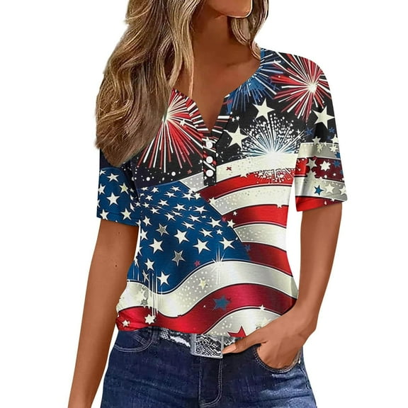 Uaswgudfs Women's Independence Day US Flag Stars & Fireworks V-Neck Tee - Patriotic Celebration Graphic Tops Wine L