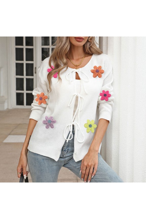 Women's Knitted Cardigan with 3D Floral Patches and Tie Front V-Neck, Long Sleeve Loose Fit Sweater for Winter Casual Daily Wear
