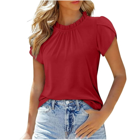 Uaswgudfs Women's Lace-Neck Blouse Top with Ruffled Collar and Short Sleeves - Lightweight Drapey Summer Going Out Tops
