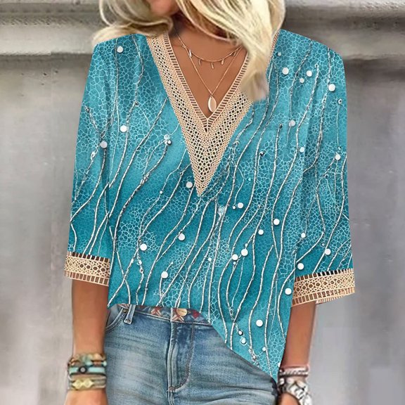 Uaswgudfs Women's Lace V-Neck 3/4 Sleeve T-Shirt - Striped Print Loose Fit Casual Blouse, Everyday Women's Apparel Blue M