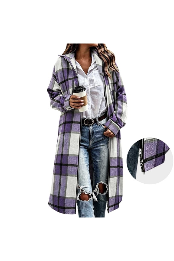 Women's Lapel Plaid Double-Zip Longline Cardigan | Casual Wool-Blend Pocketed Coat for Fall Winter Daily Wear