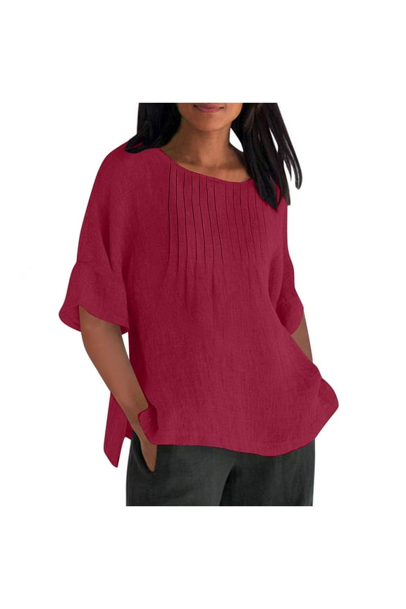 Women's Lightweight Blouse with Draped Front & Side Slits - Casual Cotton Summer Top for Relaxed Style