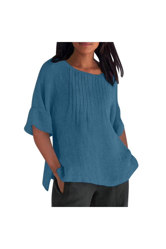 Women's Lightweight Blouse with Draped Front & Side Slits - Casual Cotton Summer Top for Relaxed Style