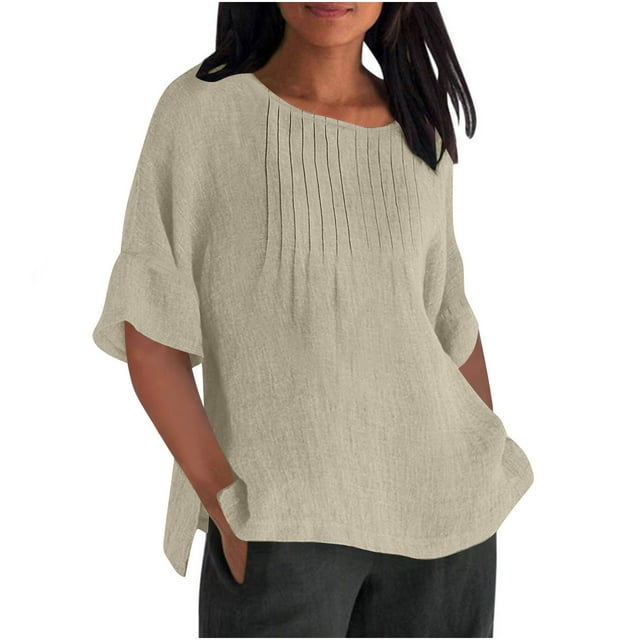 Uaswgudfs Women's Lightweight Blouse with Draped Front & Side Slits - Casual Cotton Summer Top for Relaxed Style