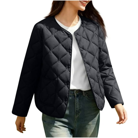 Uaswgudfs Women's Lightweight Quilted Cotton Jacket, Short Fall Winter Inner Liner Coat with Pockets, Long Sleeve Casual Outerwear for Women, Versatile Daily & Outdoor Use Black 4XL