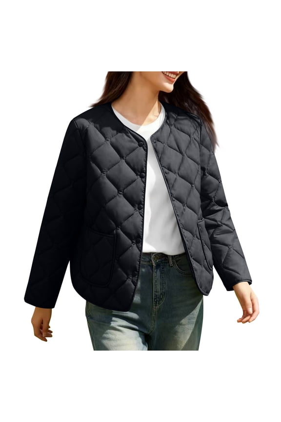 Women's Lightweight Quilted Cotton Jacket, Short Fall Winter Inner Liner Coat with Pockets, Long Sleeve Casual Outerwear for Women, Versatile Daily & Outdoor Use Black 3XL
