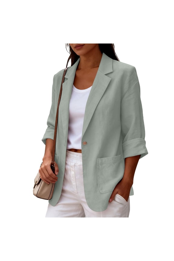 Women's Linen Blazer Casual Suit Jacket Single Breasted Notched Lapel Roll Up Sleeve with Pockets Relaxed Fit Work Office Streetwear Summer Spring