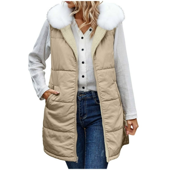 Uaswgudfs Women's Long Puffer Vest with Removable Faux Fur Collar, Sleeveless Winter Jacket with Pockets - Casual Outerwear Brown L
