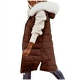 thumbnail image 1 of Uaswgudfs Women's Long Puffer Vest with Removable Faux Fur Hood, Side Zipper Sleeveless Winter Jacket with Pockets - Casual Outerwear Brown 2XL, 1 of 9