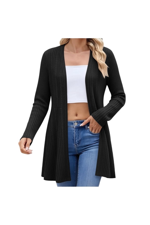 Women's Long Sleeve Cardigan Sweater Open Front Solid Color Ribbed Knit Longline Top for Fall Winter Casual Lounge Wear
