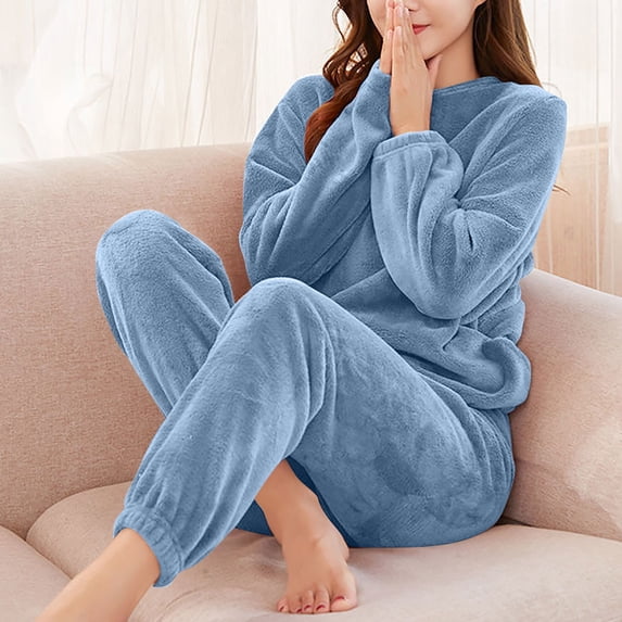 Uaswgudfs Women's Long Sleeve Coral Fleece Pajama Set: Plush Crew Neck Top with Elastic Cuffs & Embroidered Detail Blue L