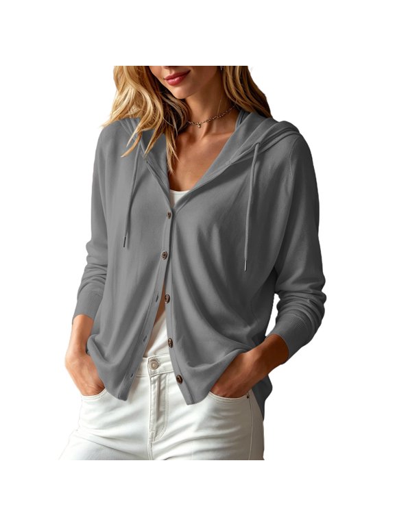 Women's Long Sleeve Hooded Cardigan Button Front Solid Color Drawstring Sweater Loose Fit Casual Daily Wear