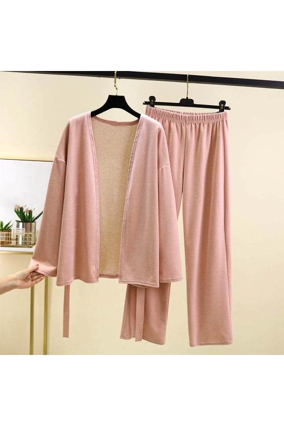Women's Long Sleeve Long Pants Solid Color Casual Duster Cardigan Drawstring Pajama Set, Soft Loungewear for Home