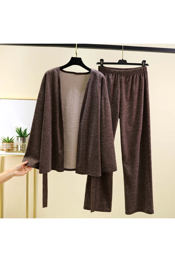 Women's Long Sleeve Long Pants Solid Color Casual Duster Cardigan Drawstring Pajama Set, Soft Loungewear for Home