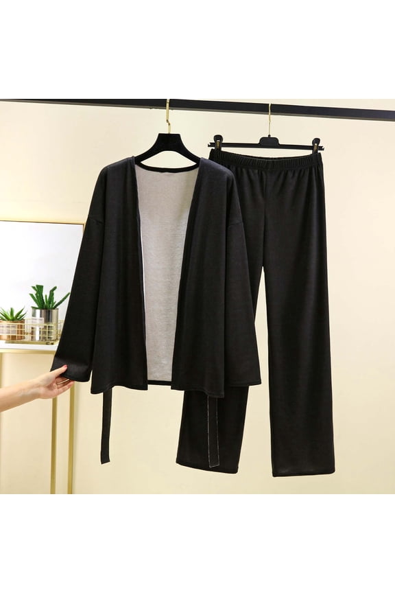 Women's Long Sleeve Long Pants Solid Color Casual Duster Cardigan Drawstring Pajama Set, Soft Loungewear for Home