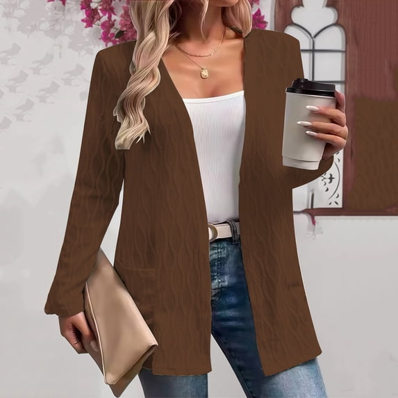 Uaswgudfs Women's Long Sleeve Open Front Lightweight Knit Cardigan Casual Solid Color Basic Outwear for Daily Wear Brown M