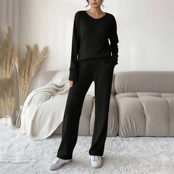 Uaswgudfs Women's Long Sleeve Solid Color Knit Loungewear Set Casual Trousers Outfit 2 Piece, Cozy Soft V Neck Top & Wide Leg Pants