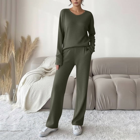 Uaswgudfs Women's Long Sleeve Solid Color Knit Loungewear Set Casual Trousers Outfit 2 Piece, Cozy Soft V Neck Top & Wide Leg Pants