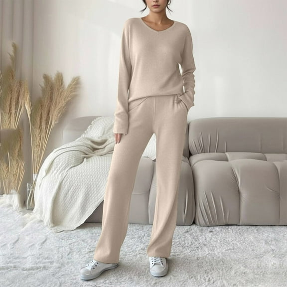 Uaswgudfs Women's Long Sleeve Solid Color Knit Loungewear Set Casual Trousers Outfit 2 Piece, Cozy Soft V Neck Top & Wide Leg Pants