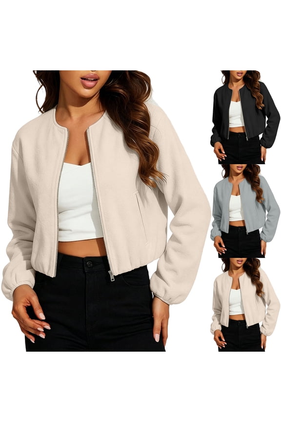 Women's Long Sleeve Zip-Up Bomber Jacket Casual Solid Color Crew Neck Cropped Lightweight Jacket for Fall Winter Daily Wear