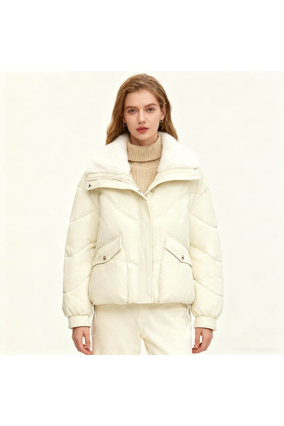 Women's Loose Faux Fur Collar Puffer Jacket, Short Thickened Cotton Coat Winter Warm Casual Outerwear Beige L