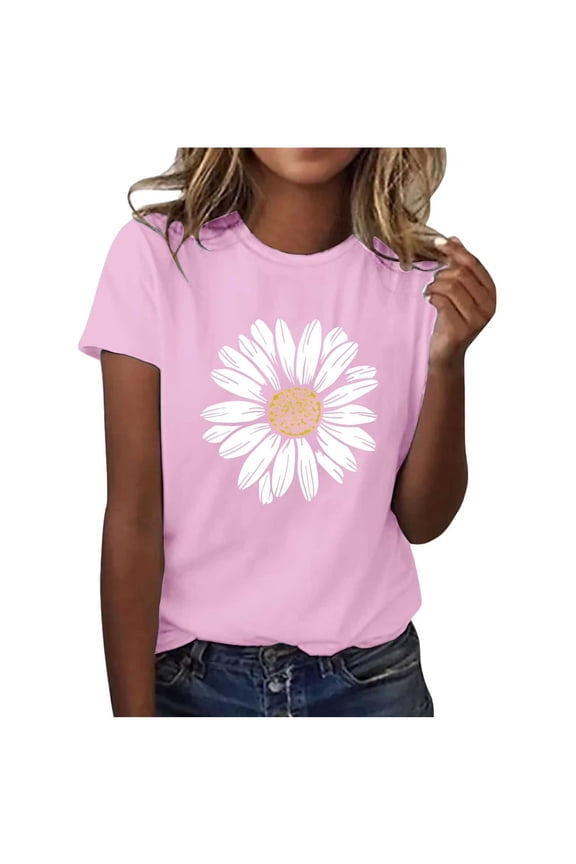 Women's Loose Short Sleeve T Shirt Round Neck Floral Daisy Print Tee Summer Breathable Casual Top For Women Pink XL