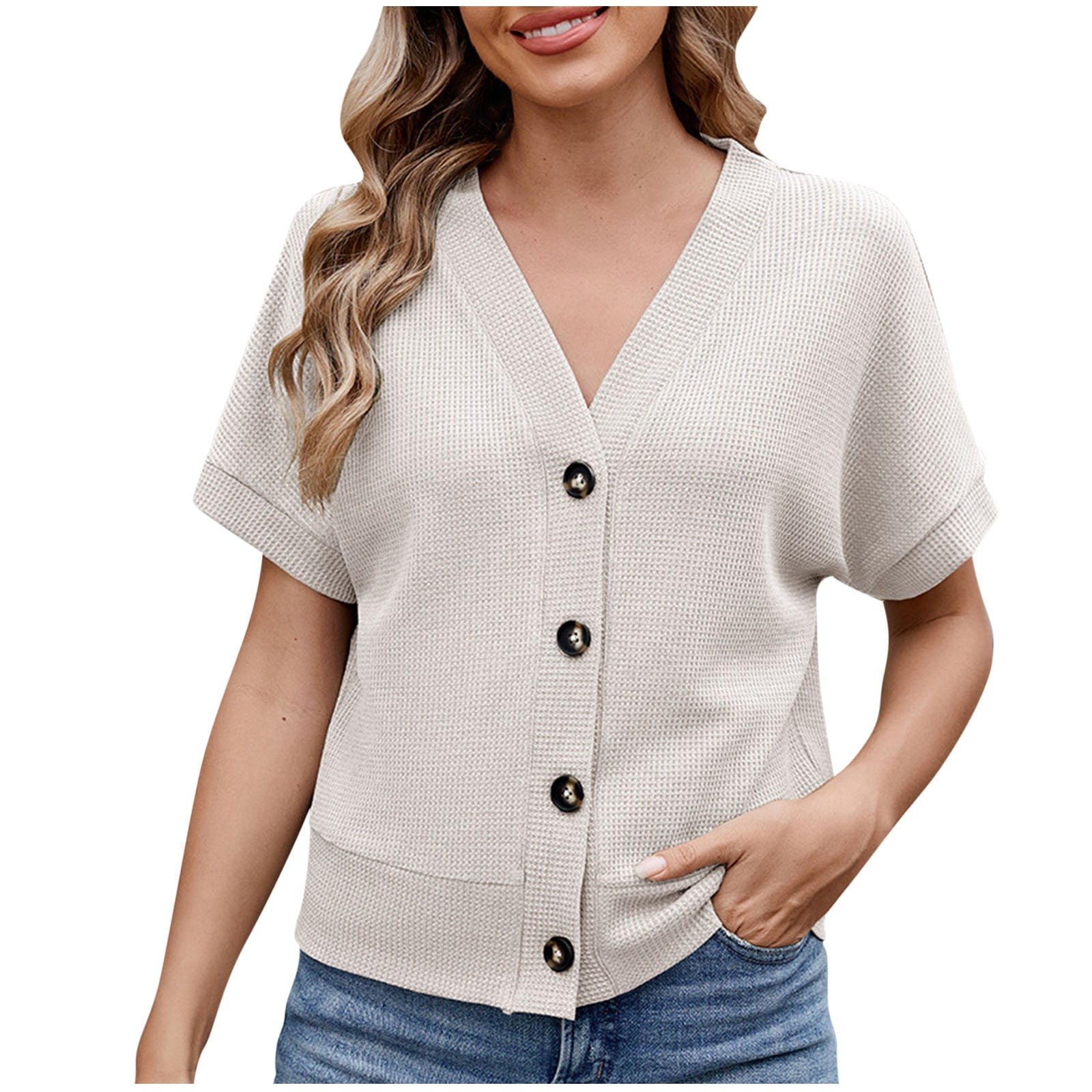 Loose Knit Button Tab Quarter Sleeve Top