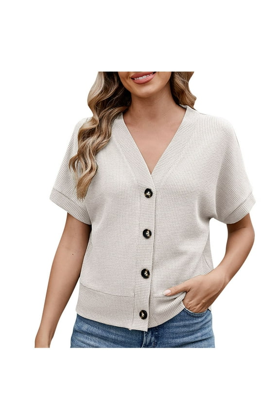 Women's Loose Tops Short Sleeve V Neck Waffle Knit Tunic Blouse Tie Front Button Up T Shirts
