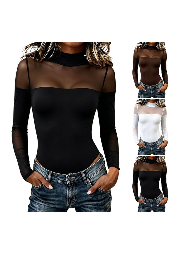 Women's Mesh High Neck Bodysuit Long Sleeve Sexy See Through Stretchy Clubwear Elegant Jumpsuit with Snap Crotch