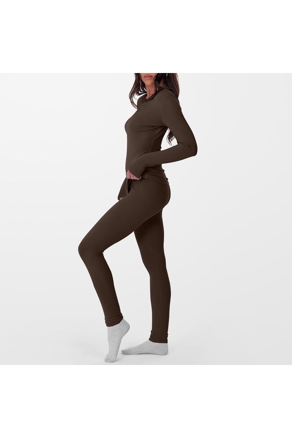 Women's Micro Fleece Lined Thermal Tops Long Sleeve Crew Neck Underwear Top Warm Ribbed Undershirt Cold Weather Brown S