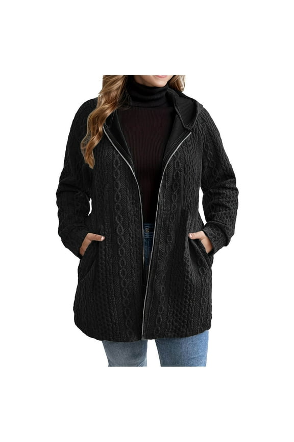 ​Women's Mid-Length Cable Knit Hooded Coat - Relaxed Fit Zip Front Cardigan Winter Jacket​