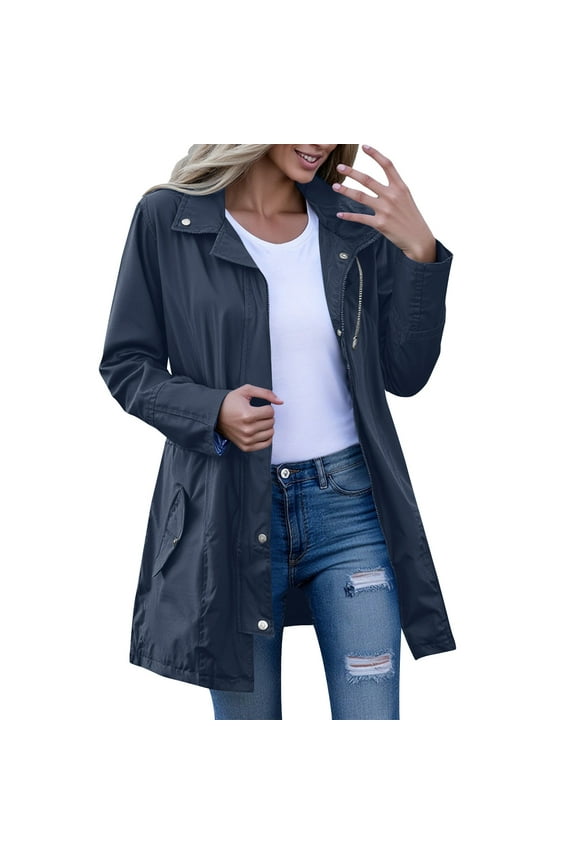 Women's Mid-Thigh Stand Collar Trench Coat - Tailored Fit Snap Button Placket Flap Pockets Smooth Fabric​