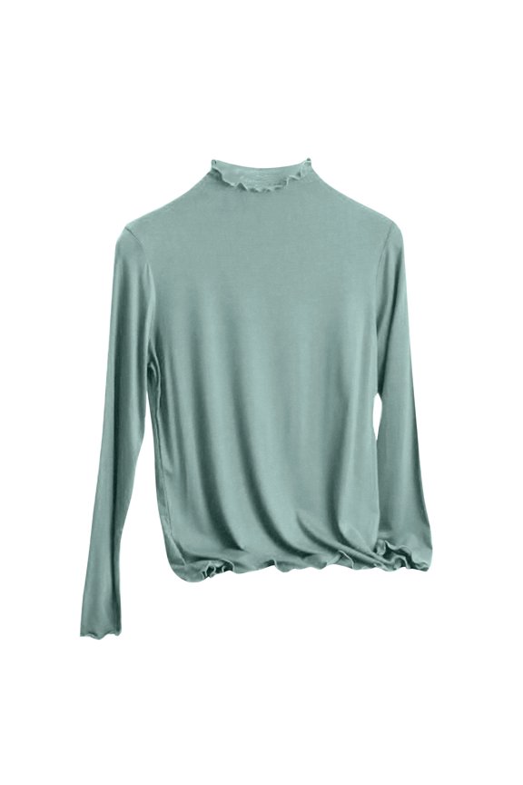 Women's Mock Neck Long Sleeve Thermal Top with Ruffle Trim Fitted Base Layer Knit Shirt Essential Fall Winter Green M