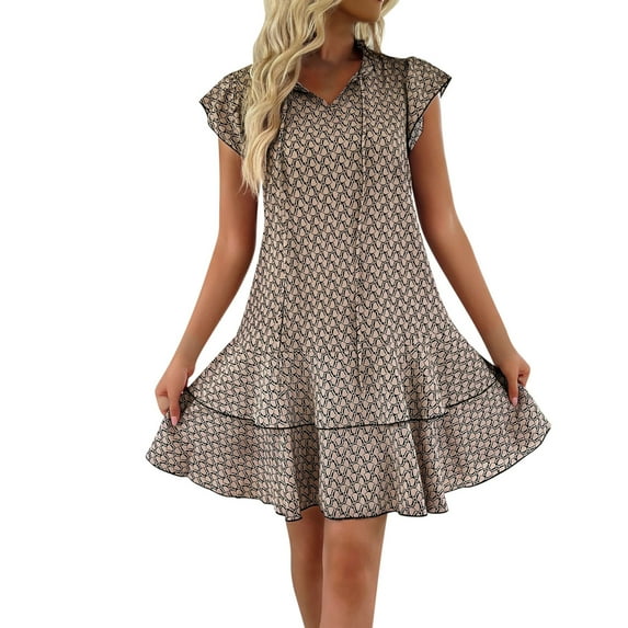 Uaswgudfs Women's Modern Short Sleeve V-Neck Midi Dress - Casual Summer Geometric Print A-Line Design, Breathable Flared Hem Fabric Khaki 3XL