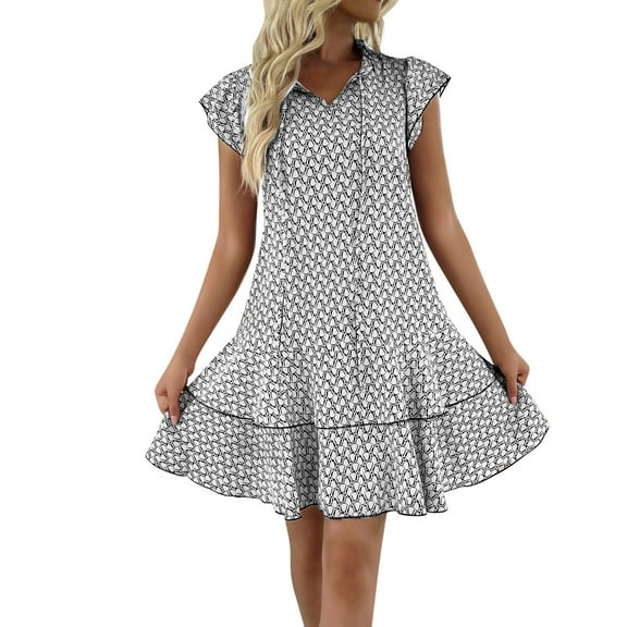 Uaswgudfs ​Women's Modern Short Sleeve V-Neck Midi Dress​ - Casual Summer Geometric Print A-Line Design, Breathable Flared Hem Fabric White L