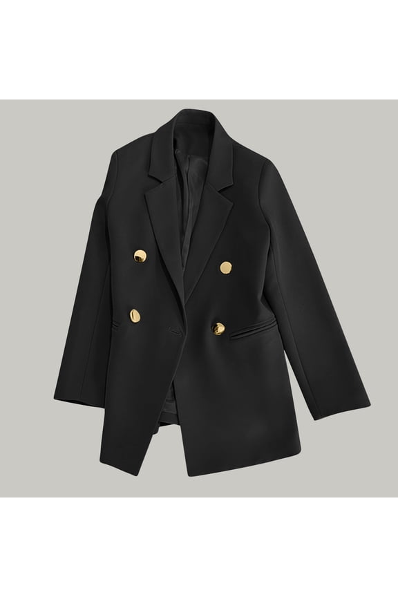 Women's Modern Structured Coat with Notched Lapel, Double-Breasted Metallic Buttons & Welt Pockets, Classic Elegance