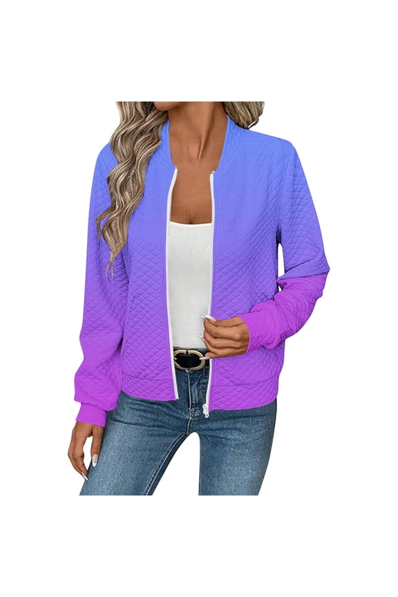 Women's Navy Striped Waffle Knit Jacket, Fall Winter Zip-Up Long Sleeve Casual Coat with Pockets - Outerwear Blue S