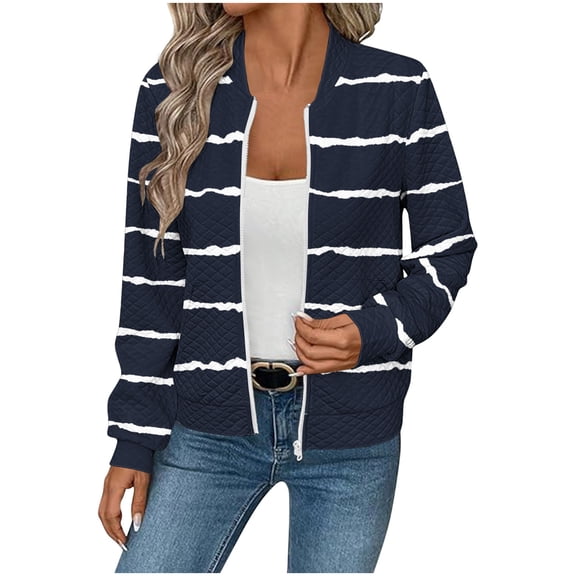 Uaswgudfs Women's Navy Striped Waffle Knit Jacket, Fall Winter Zip-Up Long Sleeve No-Hood Casual Coat with Pockets - Trendy Outerwear Blue L