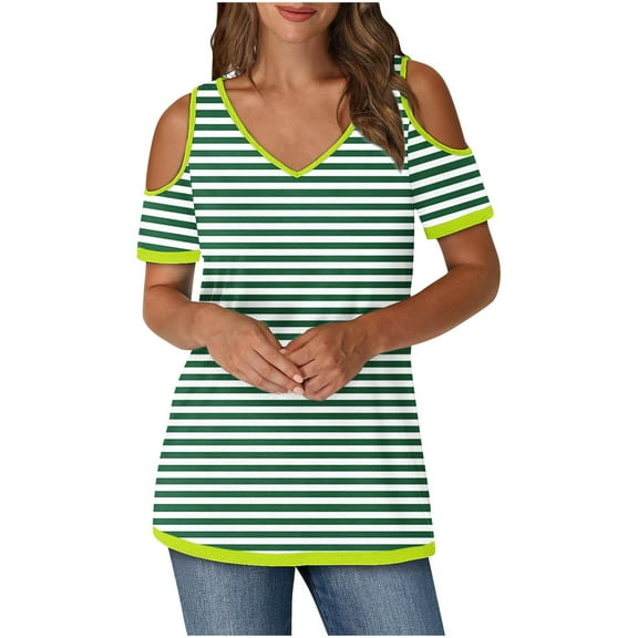 Uaswgudfs Women's Off-Shoulder Fitted Striped Tee – Slim Casual Crew Neck T-Shirt with Colorful Summer Stripes for Everyday Wear