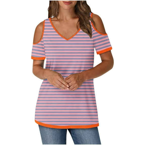 Uaswgudfs Women's Off-Shoulder Fitted Striped Tee – Slim Casual Crew Neck T-Shirt with Colorful Summer Stripes for Everyday Wear