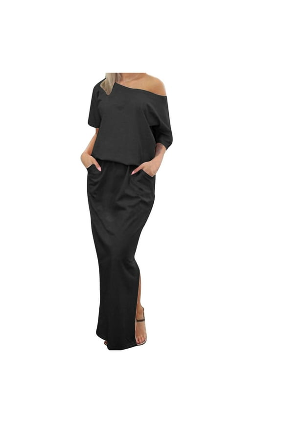 Women’s Off-Shoulder Flowy Summer Dress with Three-Quarter Sleeve & Side Slit - Floor-Length Evening Dresses Dark Gray L