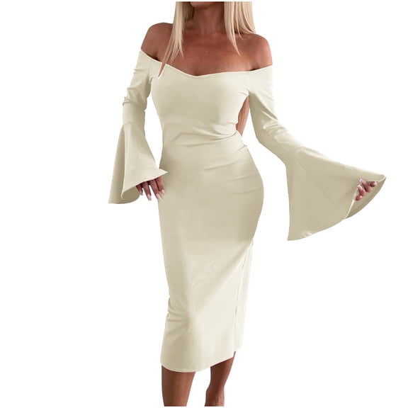 Uaswgudfs ​Women's Off-Shoulder Long Sleeve Satin Flowy Dress​ - Flared Cuff Midi Dress for Summer Formal Occasions, Casual with Smooth Fit & Adjustable Waist Beige L