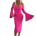 thumbnail image 1 of Uaswgudfs ​Women's Off-Shoulder Long Sleeve Satin Flowy Dress​ - Flared Cuff Midi Dress for Summer Formal Occasions, Casual with Smooth Fit & Adjustable Waist Hot Pink 2XL, 1 of 6