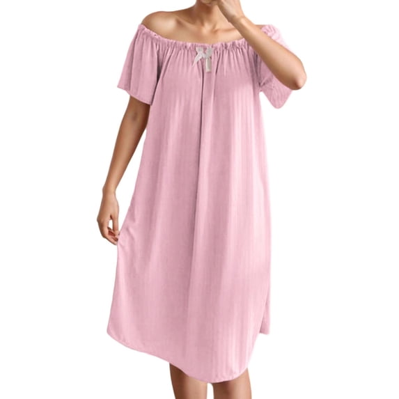 Uaswgudfs Women's Off Shoulder Nightgown with Removable Pads, Casual Midi Sleep Dress, Comfortable Loungewear Nightdress for Women Pink XL